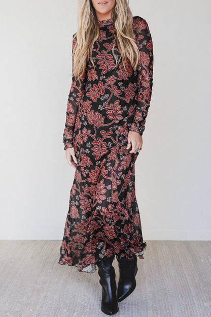 Black Retro Floral Print Long Sleeve Casual Mesh Dress