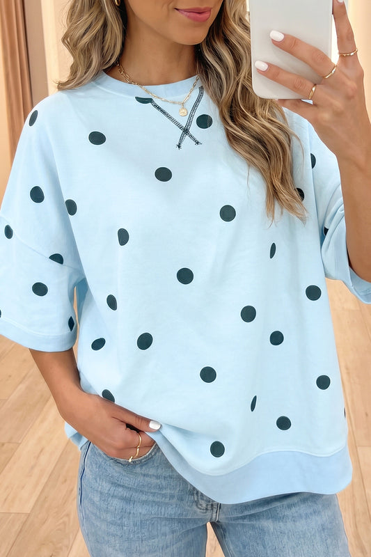 Sky Blue Polka Dot Print Crossed Seam Detail Oversize Tee