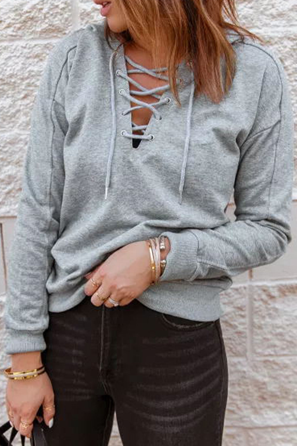 Casual Solid Color Lace-up Hoodie