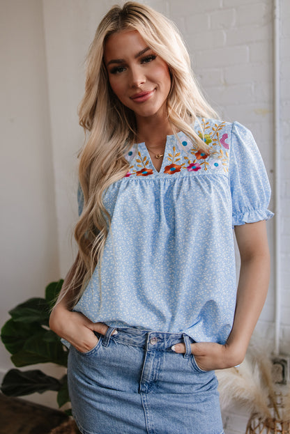 Pink Floral Embroidered Puff Sleeve Notched V Neck Blouse