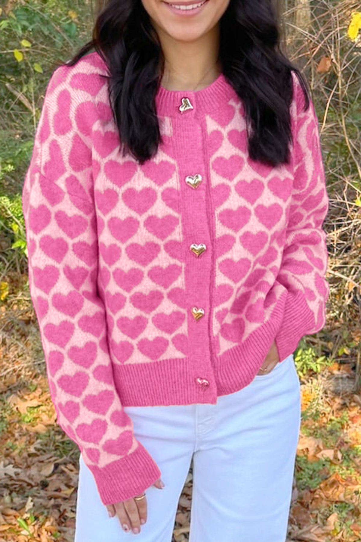 Pink Heart Pattern Drop Shoulder Long Sleeve Button Front Cardigan