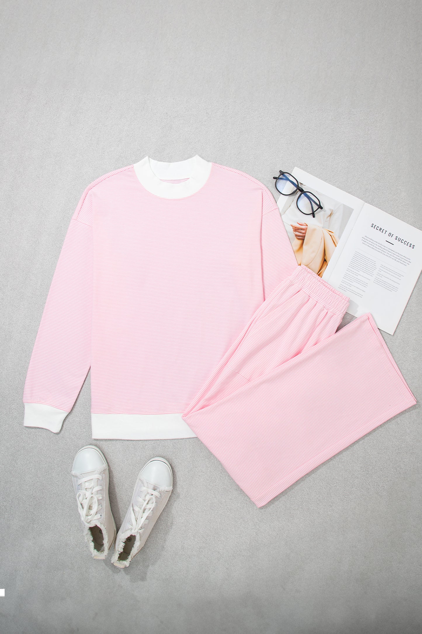 Pink Stripe Color Block Trim Mock Neck Pullover Drawstring Pants Casual Outfit