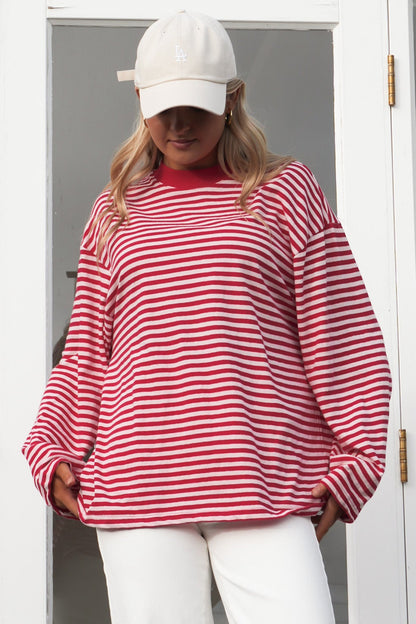 Red Stripe Oversized Long Sleeve Round Neck Top