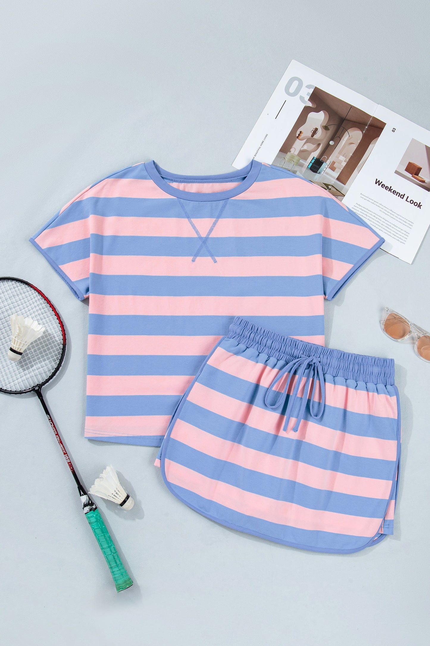 Pink Stripe Dolman Tee Drawstring Skort Athletic 2pcs Set