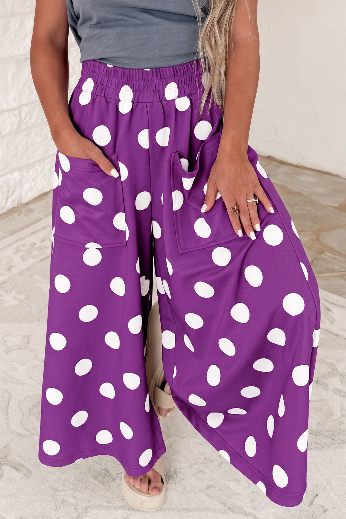 Purple Polka Dot Wide Leg Elastic Waist Casual Pants