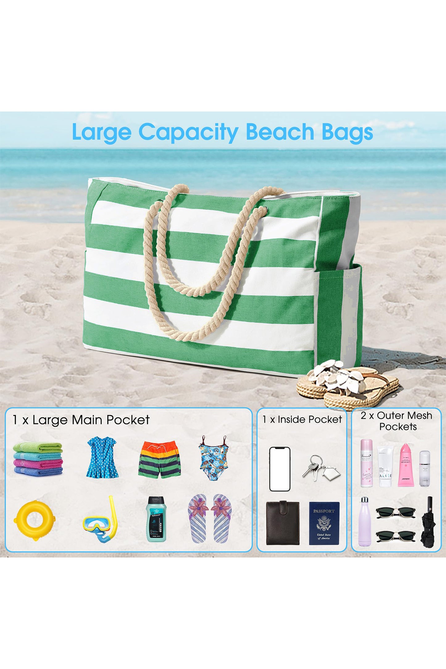 Light Blue Striped Waterproof Canvas Large Capacity Tote Bag
