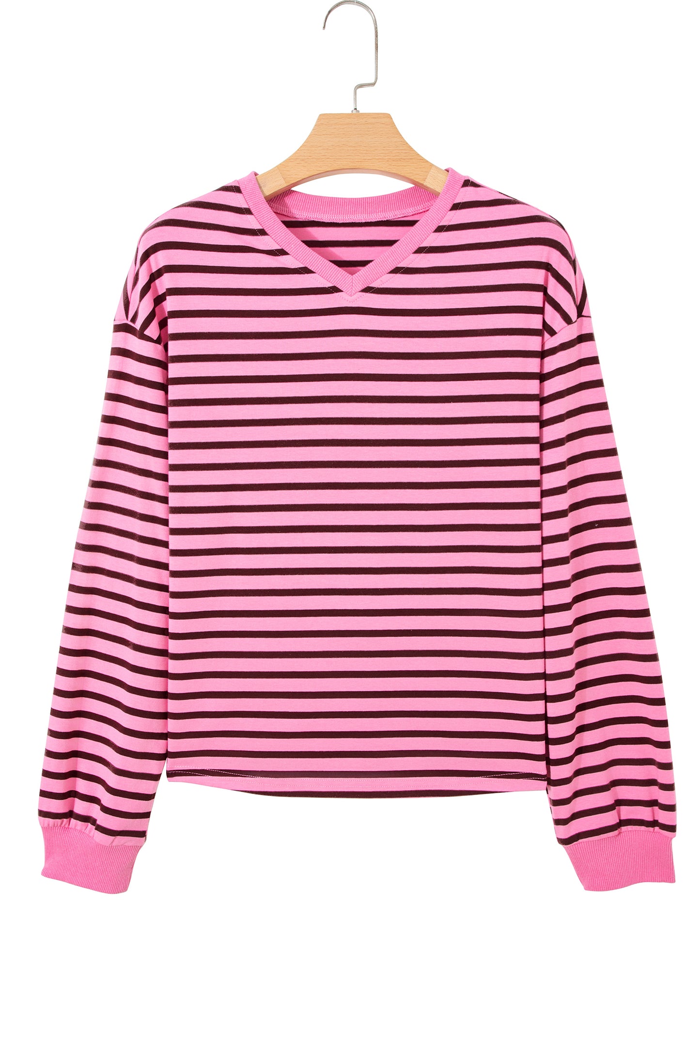 Pink Stripe V Neck Long Sleeve Drop Shoulder Blouse