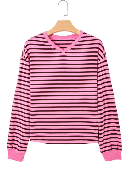 Pink Stripe V Neck Long Sleeve Drop Shoulder Blouse