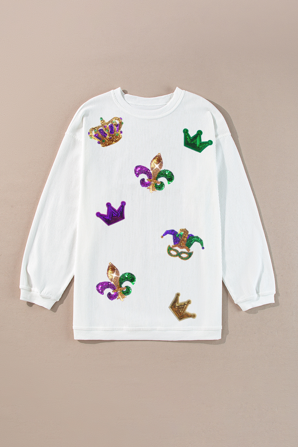 White Sequin Mardi Gras Symbol Crown Mask Patched Corded Sweatshirt