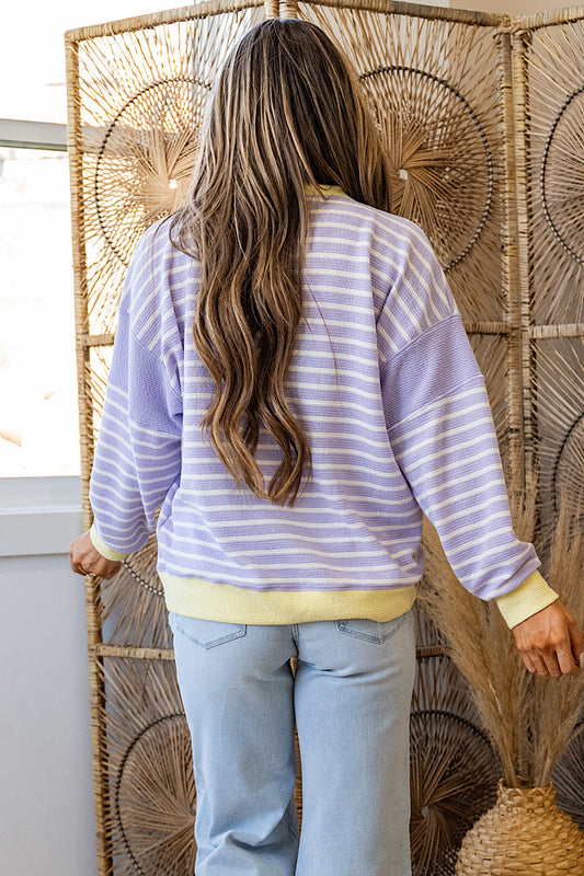 Purple Stripe Contrast Trim Colorblock Patchwork Drop Shoulder Knit Top