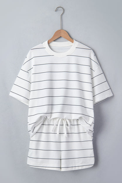 Black Stripe Half Sleeve Tee Drawstring Shorts 2pcs Set