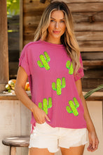 Rose Red Sequined Cactus Patched Ribbed Crew Neck T Shirt