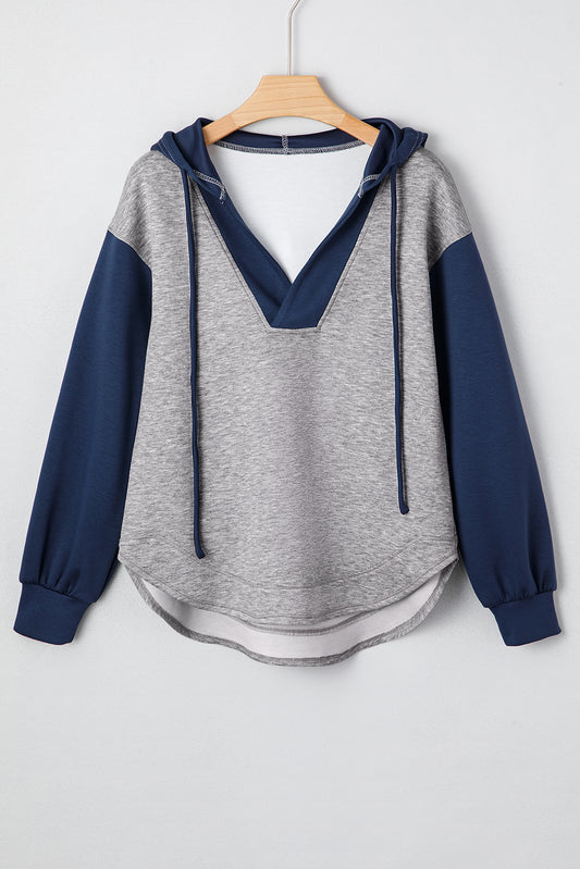 Light Grey Color Block Patchwork V Neck Drawstring Hoodie
