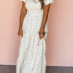 White Frilly Shirred Bodice Tiered Floral Maxi Dress