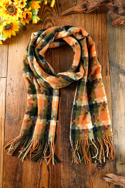 Bufanda con dobladillo con flecos y estampado de cuadros multicolor 