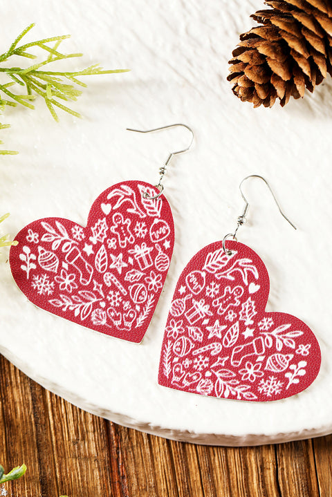Red Christmas Pattern PU Leather Drop Earrings
