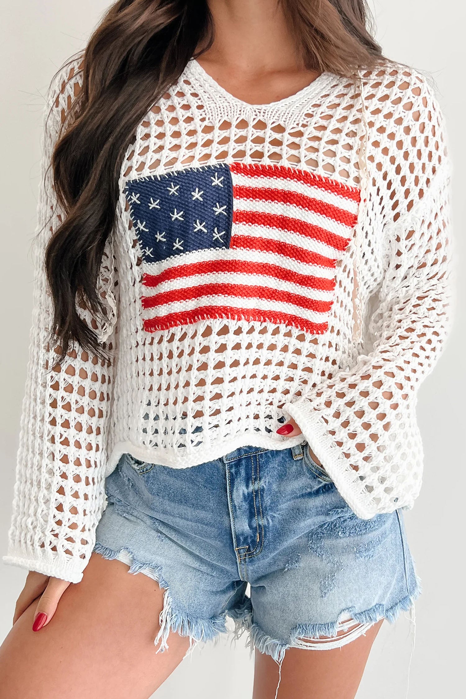 White Hollow Out Crochet Knit American Flag Patched Sweater Hoodie