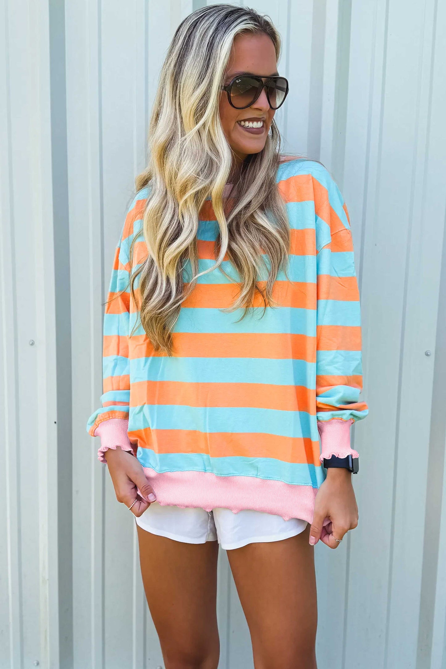 Orange Stripe Ribbed Color Block Trim Round Neck Long Sleeve Shift Top
