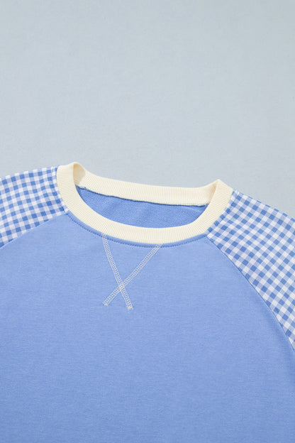 Light Blue Plaid Sleeve Colorblock Raglan Pullover Sweatshirt