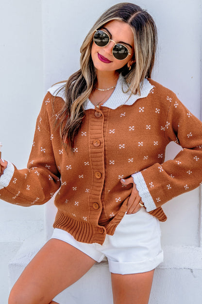 Russet Orange Peter Pan Collar Colorblock Long Sleeve Knitwear Cardigan