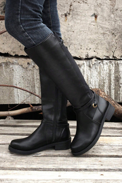 Bottes noires à talons bas et épais, hauteur genou, avec fermeture éclair latérale