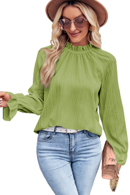 Blusa con volantes y cuello simulado con manga de burbuja ondulada verde 