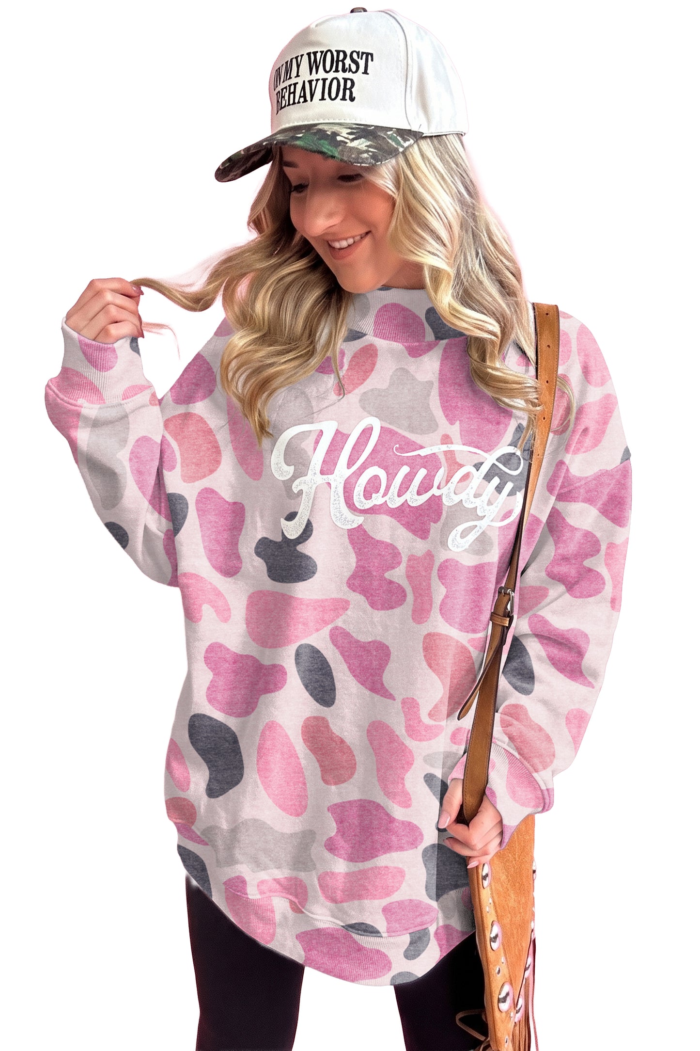 Pink Camo Print Howdy Western Style Baggy Pullover Sweatshirt