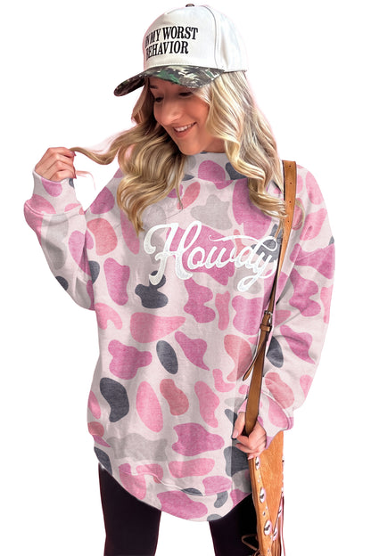Pink Camo Print Howdy Western Style Baggy Pullover Sweatshirt