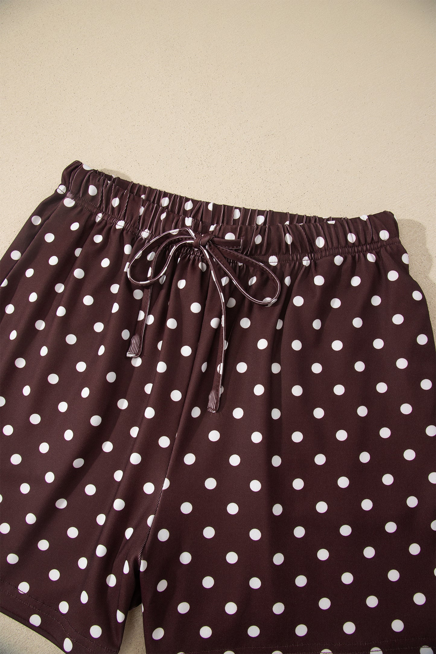 Brown Polka Dot Halter Tank Drawstring Elastic Waist Short Set
