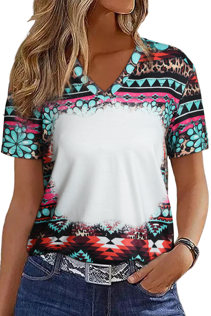 Haut à manches courtes et col en V décoloré à imprimé western vert