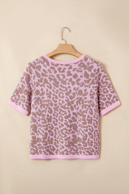 Pink Leopard Button Down Short Sleeve Sweater Cardigan