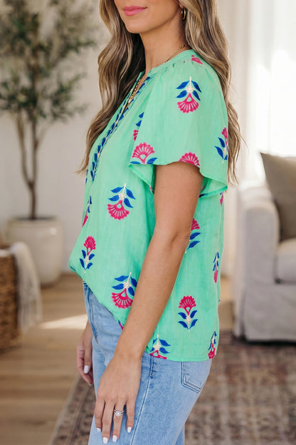 Green Floral V Neck Flutter Sleeve Blouse