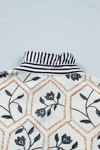 White Floral Print Striped Patchwork Button Neck Short Sleeve Blouse