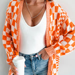 Orange Checkered Open Front Drop Shoulder Cardigan