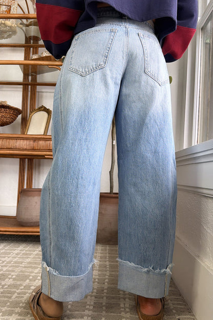 Myosotis Raw Hem Turnup Loose Ankle-length Jeans