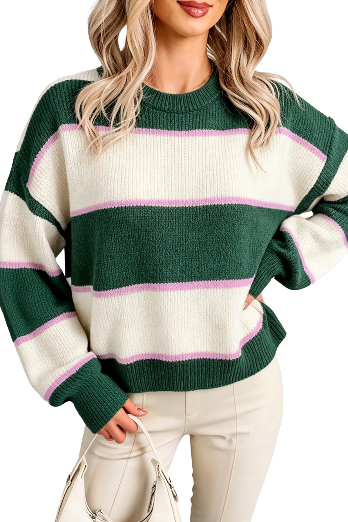 Blackish Green Striped Color Block Knit Dropped Shoulder Loose Pullover Sweater