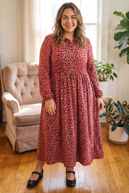 Red Leopard Print Long Sleeve V Neck Plus Size Midi Dress