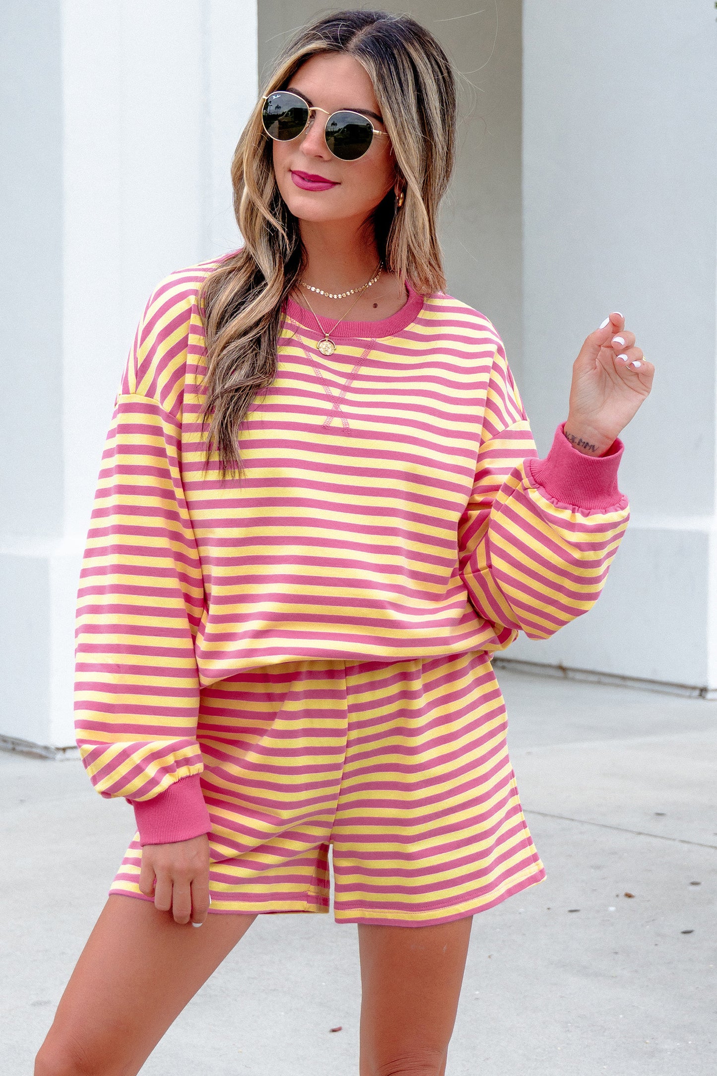 Yellow Stripe Color Block Trim Round Neck Long Sleeve Top Casual Shorts 2pcs Set