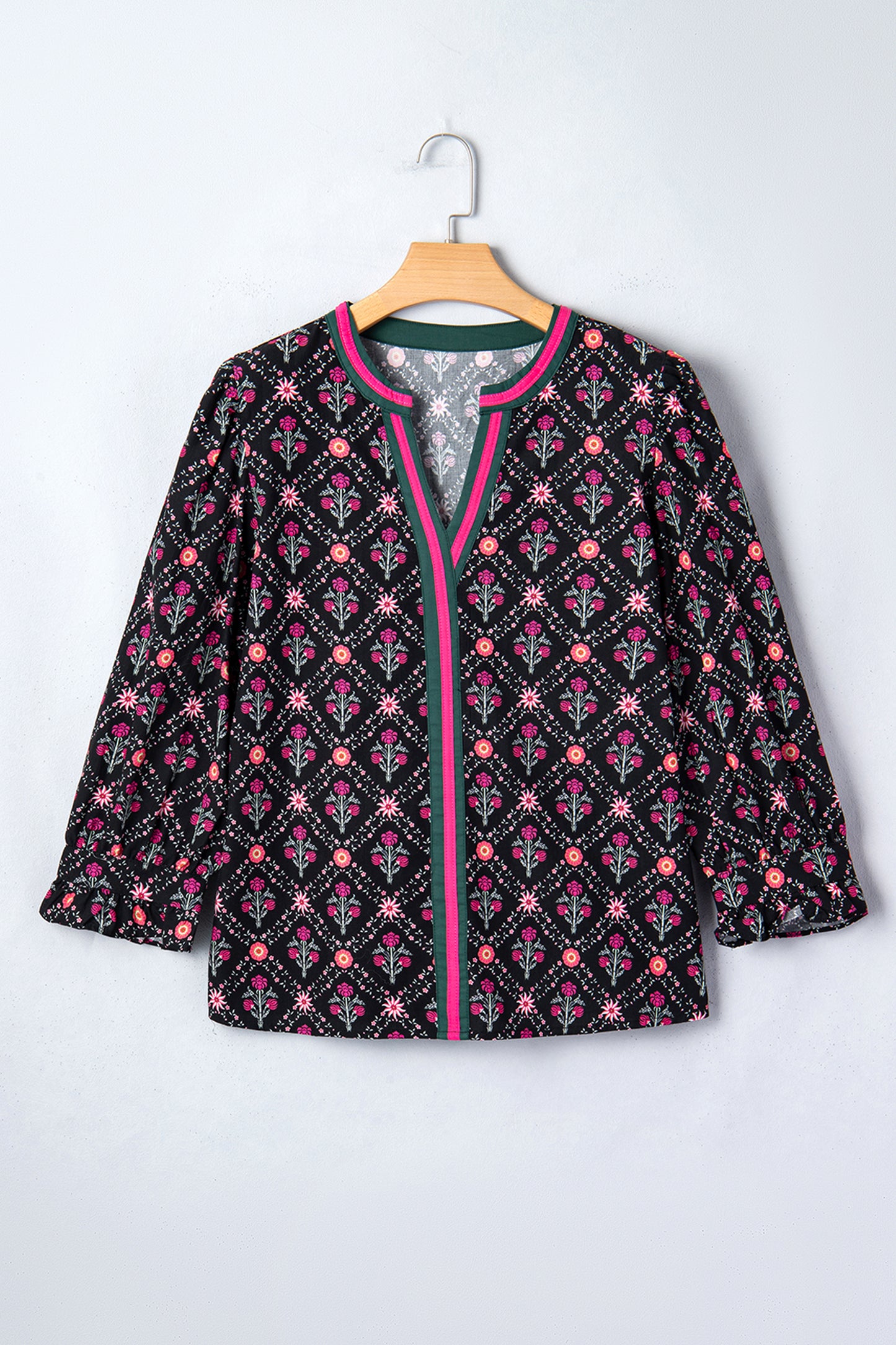 Black Contrast V Neckline Bracelet Sleeve Vintage Floral Blouse