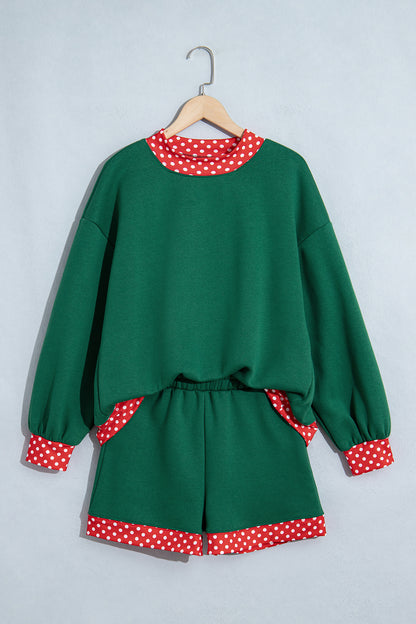 Evergreen Polka Dot Trim Baggy Pullover 2pcs Short Set