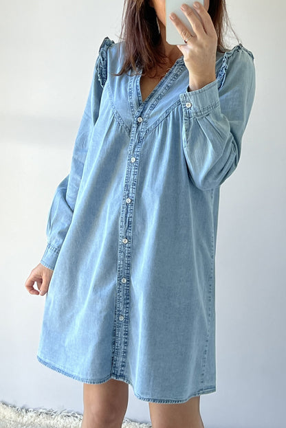 Robe droite en jean boutonnée à col en V et volants Myosotis