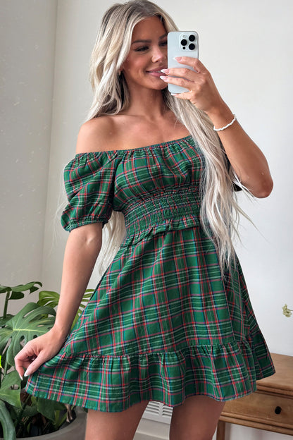 Green Plaid Shirred U Neck Short Sleeve Mini Dress