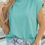Mint Green Solid Color High Neck Cap Sleeve Loose Top