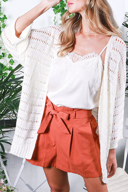 Cardigan ouvert à manches bracelet en tricot pointelle blanc