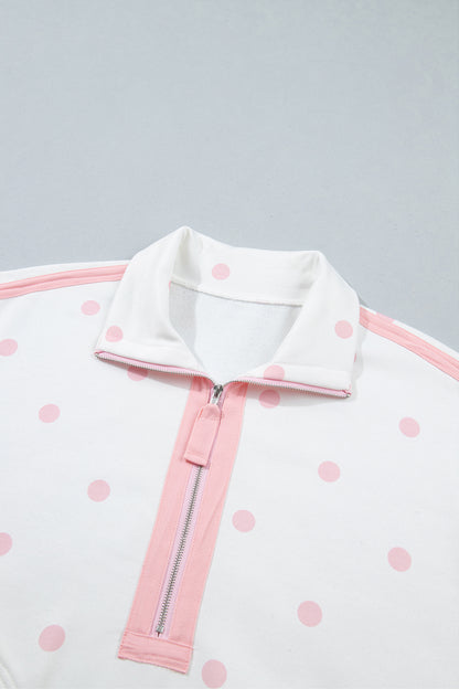 Pink Polka Dot Half Zip Drop Shoulder Relaxed Sweatshirt