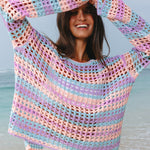 Purple Multi Stripe Open Knit Sweater Beach Cover Up