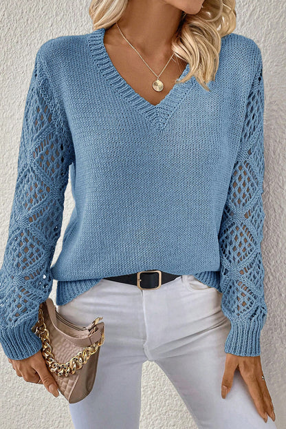 Beau Blue Solid V Neck Pointelle Knit Sleeve Patchwork Sweater