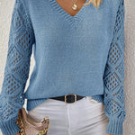 Beau Blue Solid V Neck Pointelle Knit Sleeve Patchwork Sweater