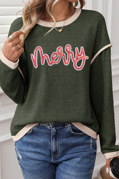 Four Leaf Clover Merry Patched Graphic Contrast Trim Christmas Knitted Long Sleeve Top