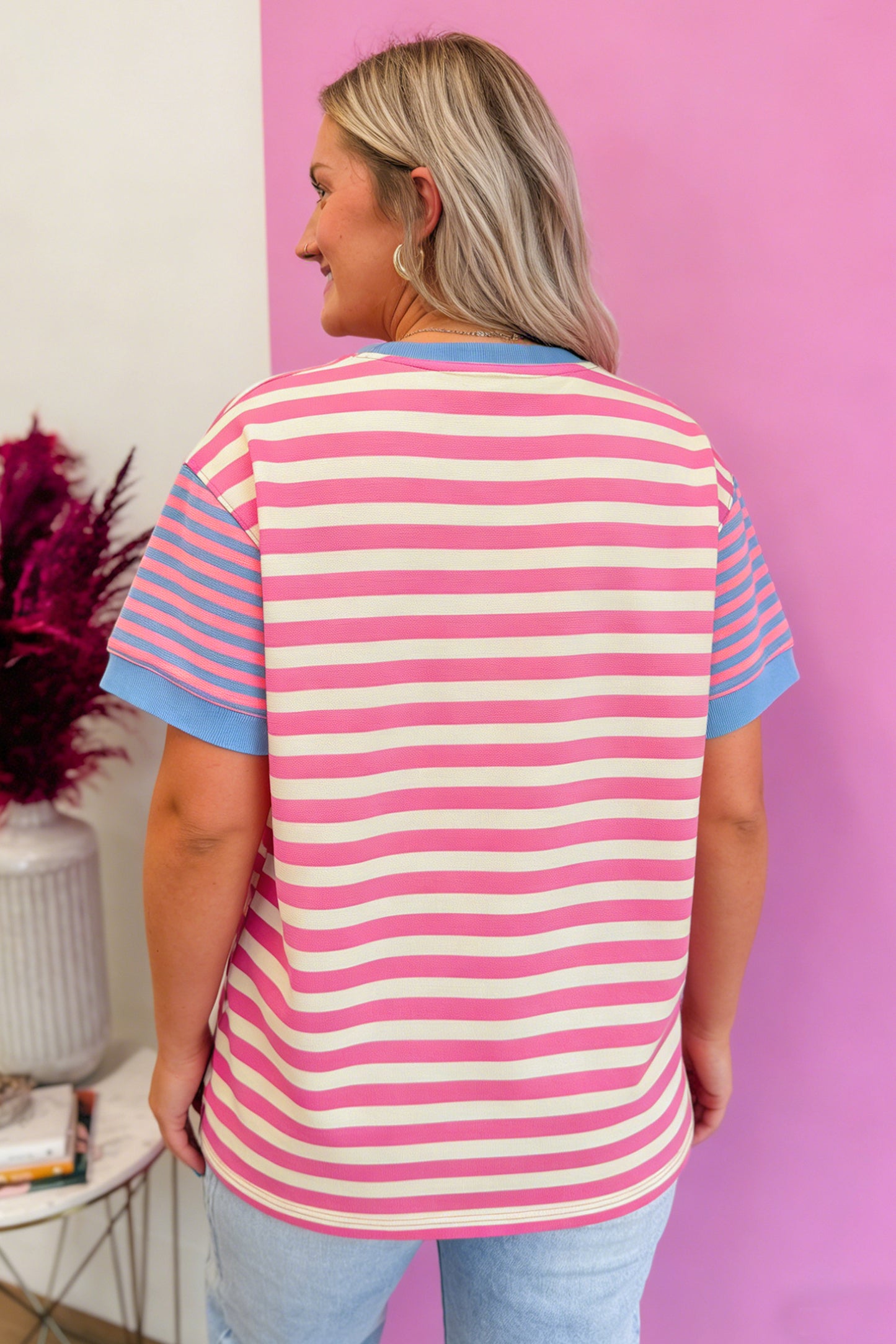 Pink Stripe Contrast Patchwork Short Sleeve Loose Tee